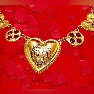 NWT Guess Lion in heart Necklace Gold tone with hanging hearts/red stones